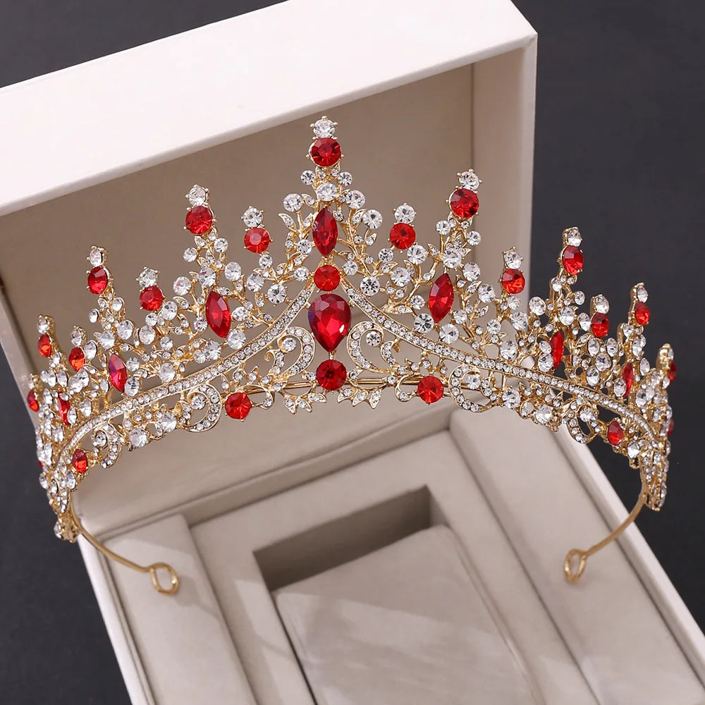 Baroque Gold Color Red Crystal Bridal Tiaras Crowns Rhinestone Pageant Diadem Women Headpieces Wedding Hair Accessories Jewelry