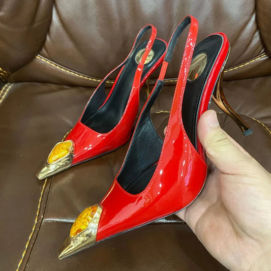 Runway Fashion Gem Metal Pointed Toe Patent Leather Women Pumps Red High Heels Wedding Party Shoe Slingback Sandal Size 42 - EUFASHIONBAGS