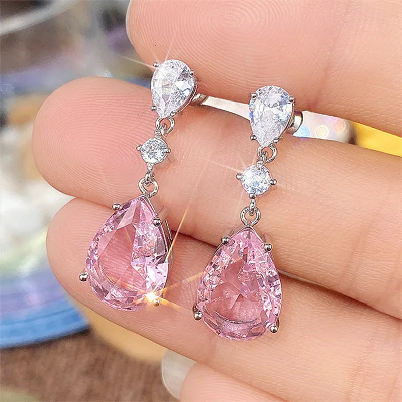 Temperament Sweet Pink Pear Cubic Zirconia Drop Earrings Women Engagement Party Exquisite Ear Accessories Fashion Jewelry