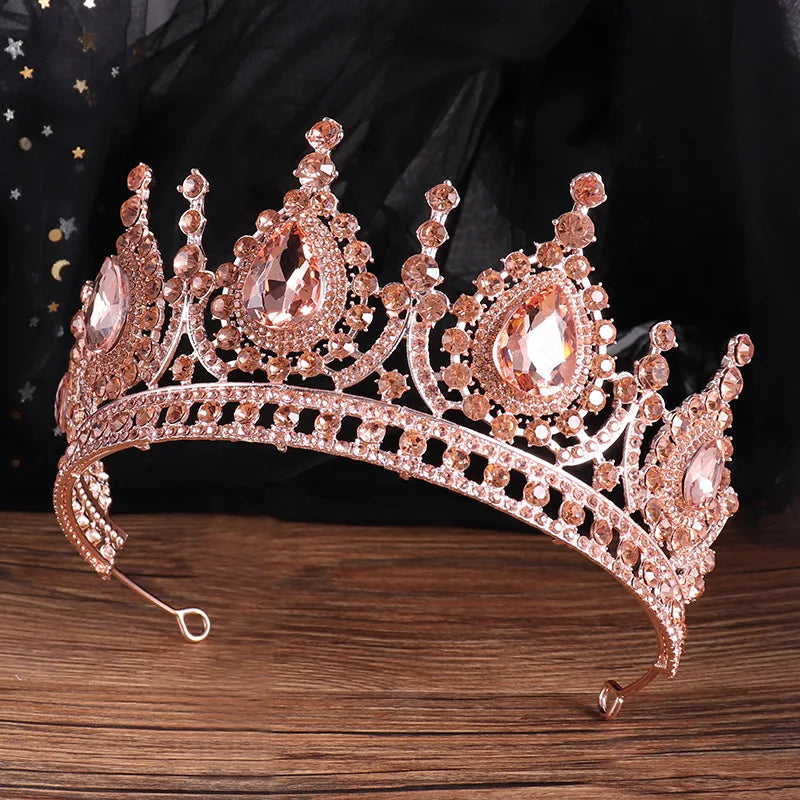 Baroque Vintage Peach Crystal Bridal Tiaras Queen Big Rhinestone Crown Women Beauty Pageant Diadem Wedding Hair Accessories Gift - EUFASHIONBAGS