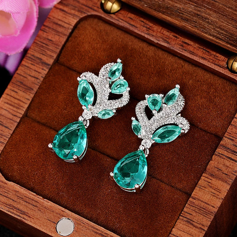 Green Cubic Zirconia Drop Earrings Women for Engagement Wedding Party Aesthetic Female Accessories Gift Jewelry