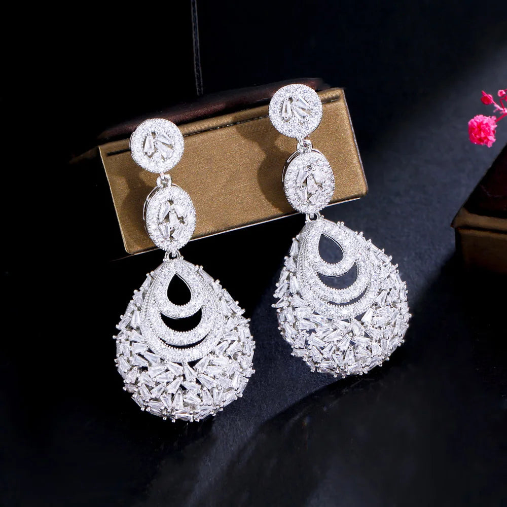 Multiple Clear White Water Drop Cubic Zircon Dangly Long Women Wedding Pageant Earrings for Brides Accessories - EUFASHIONBAGS