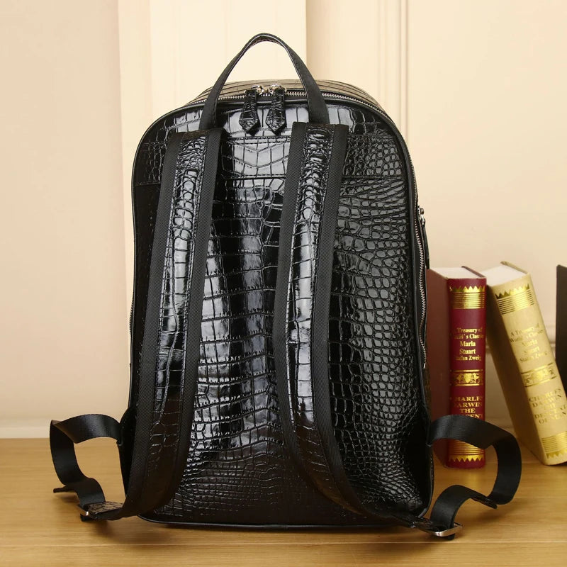 New Real Cowhide leather Crocodile Pattern Men's Backpack Business Casual Backpack Large Travel Bag genuine leather bag - EUFASHIONBAGS