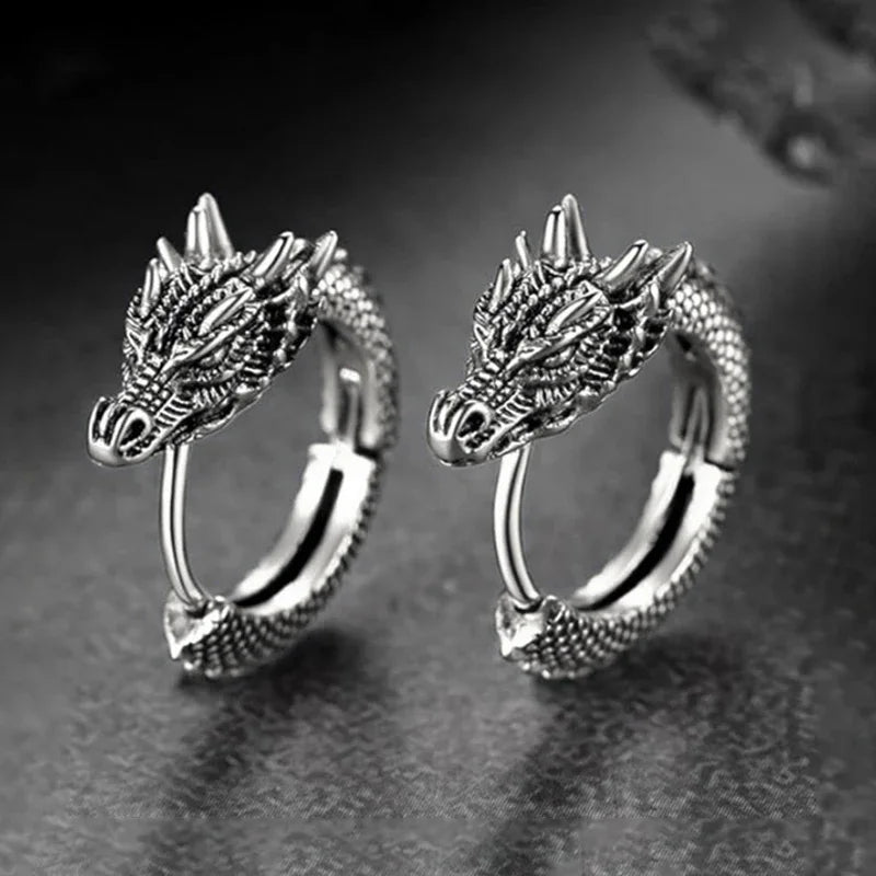 Personality Chinese Dragon Hoop Earrings for Women/Men Antique Metal Color Hip Hop Cool Guys Loong Earrings Hot Jewelry - EUFASHIONBAGS