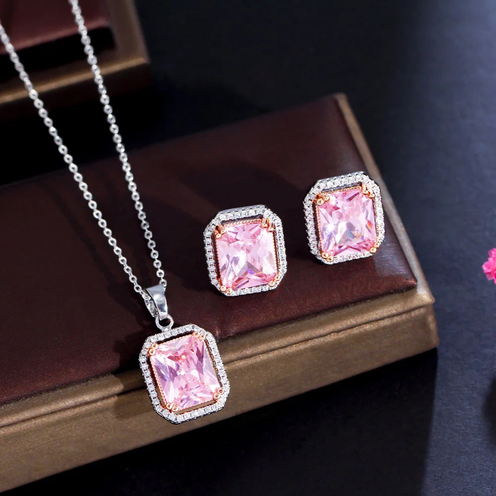 Bling Pink Cubic Zirconia Crystal Rectangle  Pendant Necklace and Earrings New Trendy Women Jewelry Sets Gift