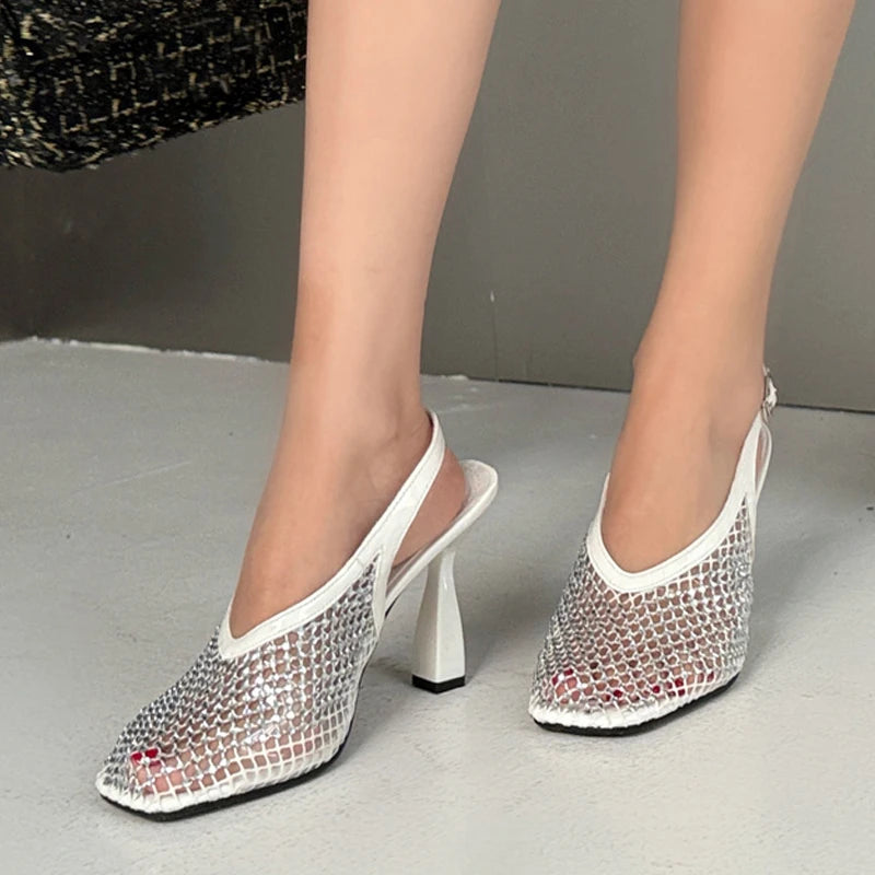 Summer Fashion Glitter Rhinestones Women Pumps Crystal Mesh Square Toe Party Dress Shoes Black White High Heels Sandals