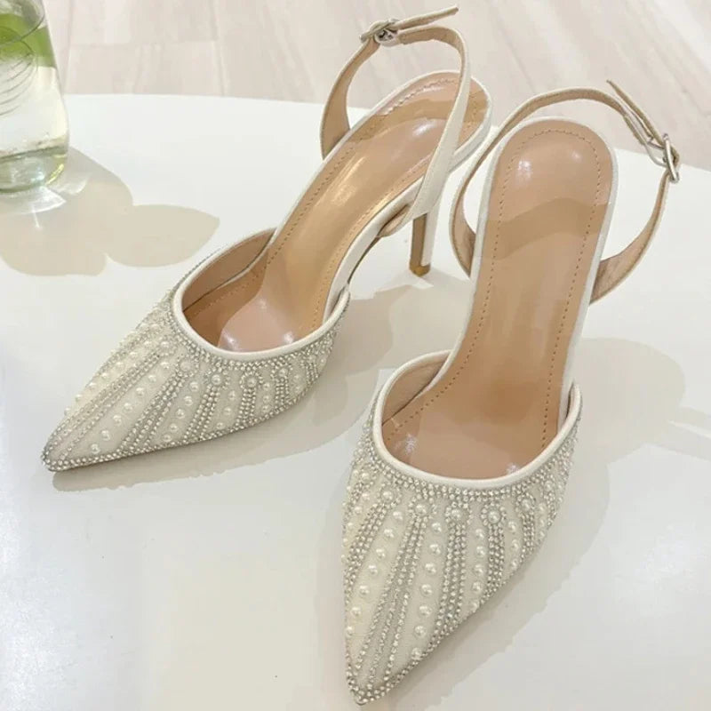 Pearl Rhinestone Pointed Toe High Heels Women 2025 New Shallow Elegant Wedding Dress Shoes Fashion Design Crystal Sandals Women