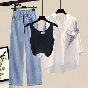 2024 Spring/Summer New Matching Set Women's Casual Stripe Sunscreen Shirt+Vest+Jeans Three Piece Korean Elegant Denim Pants Set