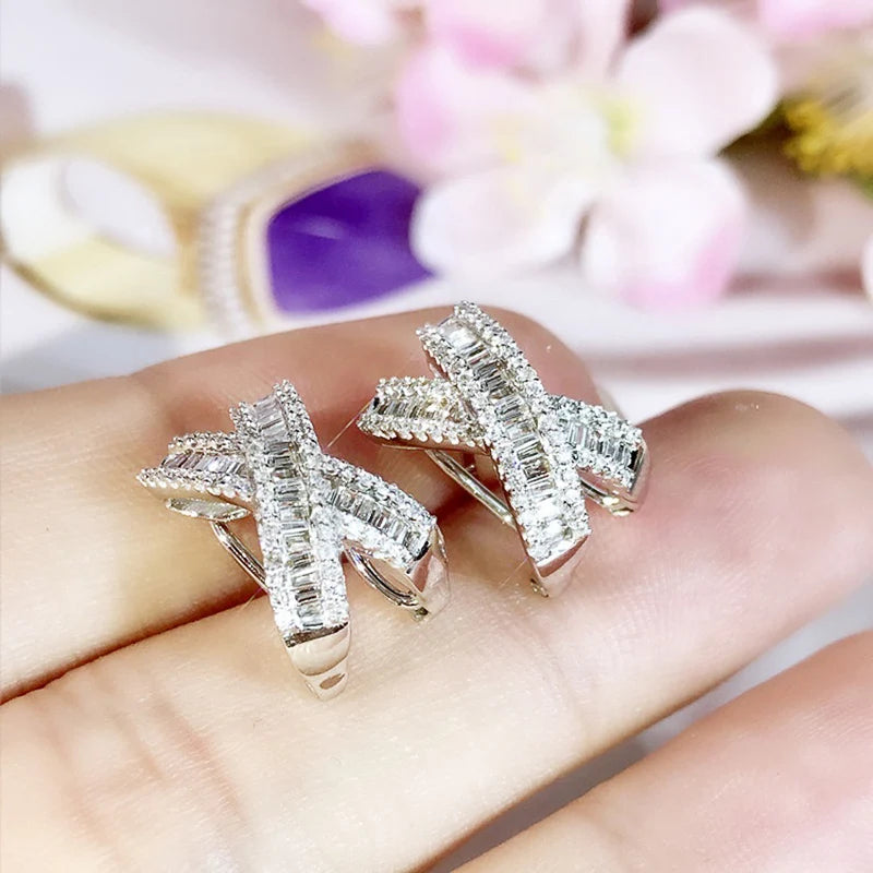 Fancy X Shaped Stud Earrings with Dazzling White Cubic Zirconia Luxury Earrings for Women Wedding Party Statement Jewelry - EUFASHIONBAGS