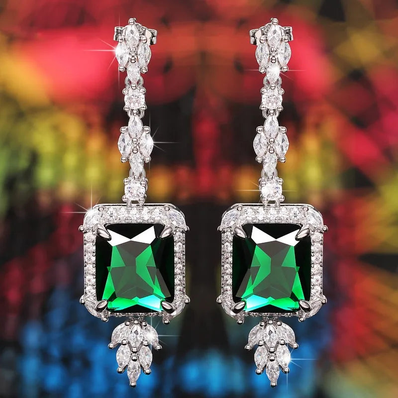 Geometric Square Green Cubic Zircon Dangle Earrings Sparkling Crystal CZ Luxury Ear Accessories for Women Wedding Jewelry - EUFASHIONBAGS