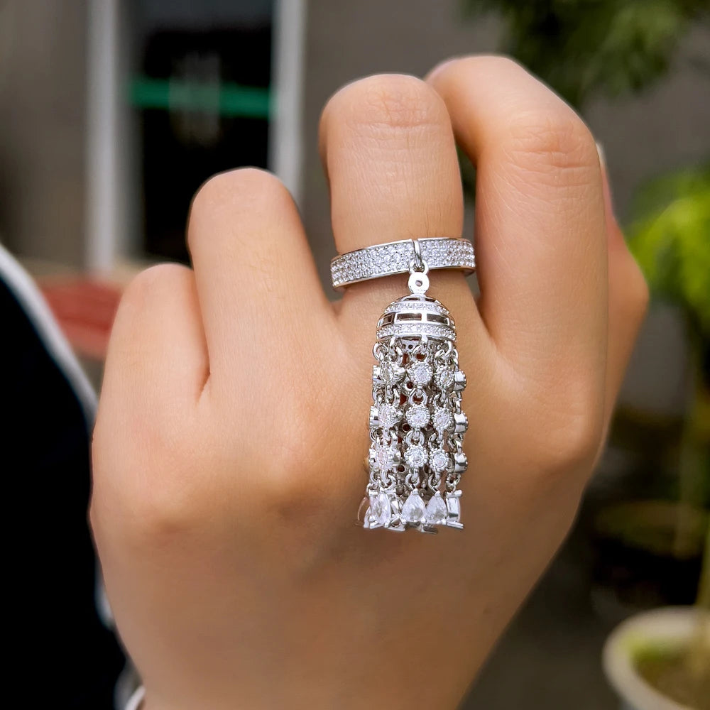 Luxury Chunky Cubic Zirconia Paved Long Dangle Drop Tassel Charm Party Wedding Rings for Women Unique Jewelry - EUFASHIONBAGS