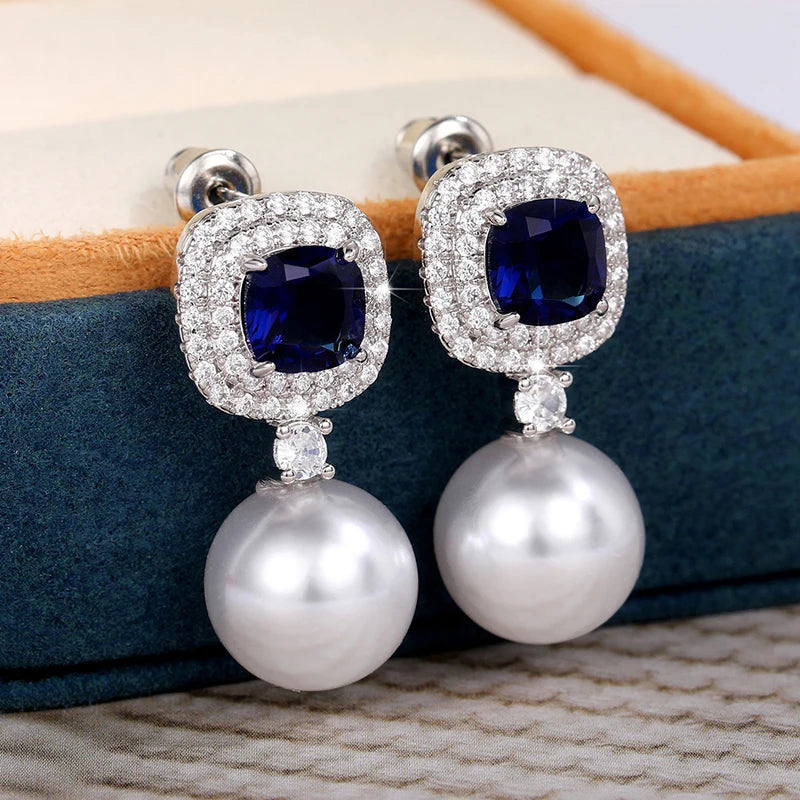 Fashion Bride Simulated Pearl Dangle Earrings Aesthetic Sparkling Cubic Zirconia Earrings Luxury Women Jewelry for Party