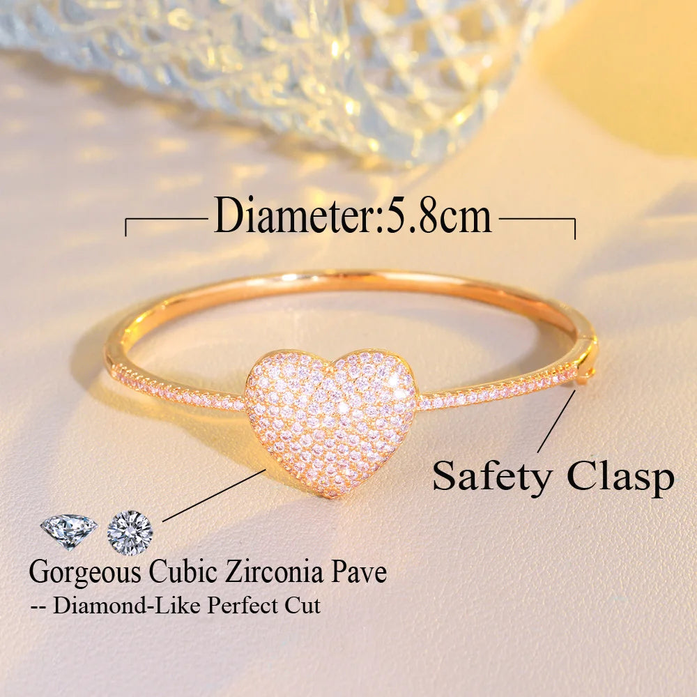 Bling Genuine 5A Cubic Zirconia Pave Popular Romantic Pink Love Heart Charm Women Bangles with Safety Clasp - EUFASHIONBAGS