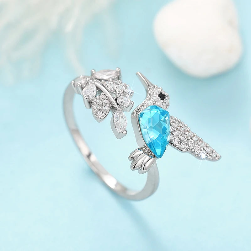 Sky Blue Bird Rings for Women Opening Adjustable Leaf Branch Ringer Bling Bling Cubic Zirconia Chic Female Jewelry Party - EUFASHIONBAGS