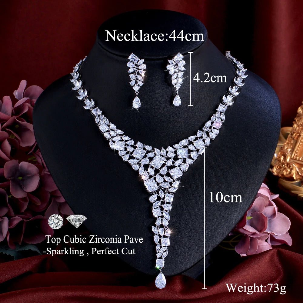 Chunky White Cubic Zirconia Luxury Statement Large Wedding Necklace Earrings Bridal Dress Jewelry Set for Women - EUFASHIONBAGS