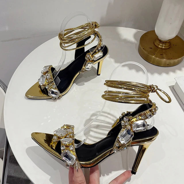 Sexy Ankle Strap Golded Sandals Women Party Nightclub Stripper Heels High Quality Crystal Diamond Pointed Toe Wedding Shoe