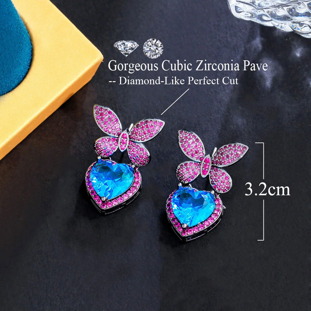 Beautiful Fuchsia Red Cubic Zircon Butterfly Chic Dangly Light Blue Heart Charm Drop Earrings for Women Party - EUFASHIONBAGS