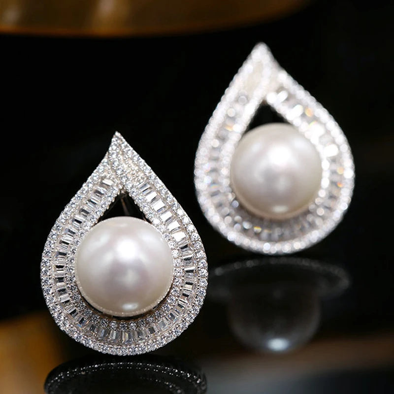 Waterdrop Shaped Stud Earrings with Round Simulated Pearl Luxury Bride Wedding Earrings Trendy Jewelry for Women - EUFASHIONBAGS