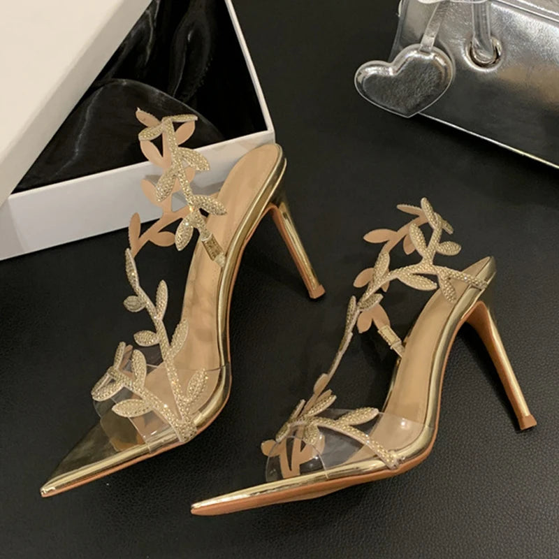 2025 Summer Fashion Crystal Rhinestone Gold Leaf Women Sandals Pointed Open toe Thin High Heels Party Dress Shoes - EUFASHIONBAGS