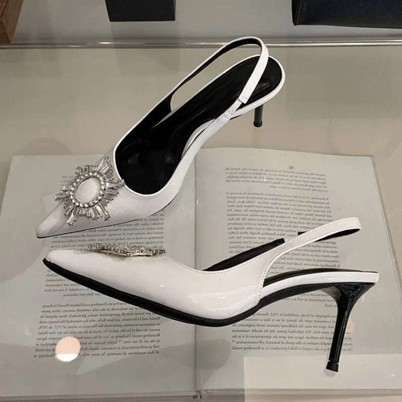 Crystal Buckle Decoration Stilettos Women Patent Leather Pointed Toe Slingbacks Sandals High Heels Shoes For Woman Pumps