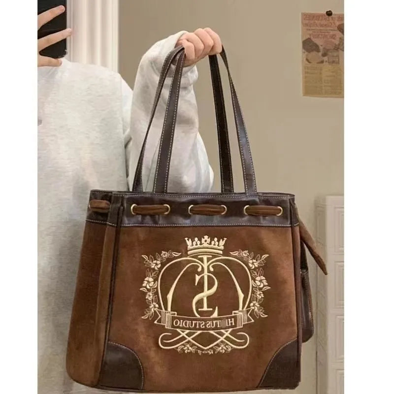 Retro Flower Letter Print Beige Shoulder Bags Women Crown Embroidered Large Tote Bag Female Vintage Y2k Handbag - EUFASHIONBAGS