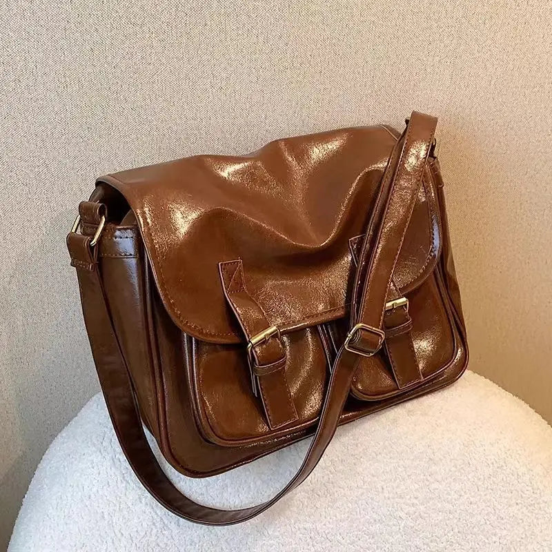 Large  Brown Messenger Bag Women Vintage Soft Chic Pu Leather Handbag Female Harajuku Casual Crossbody Bags New