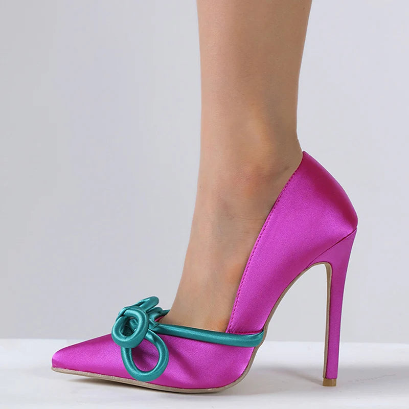 Runway Style Silk Butterfly-Knot Women Pumps Sexy Pointed Toe Slip On Purple High Heels Fashion Slingback Shoes Stiletto