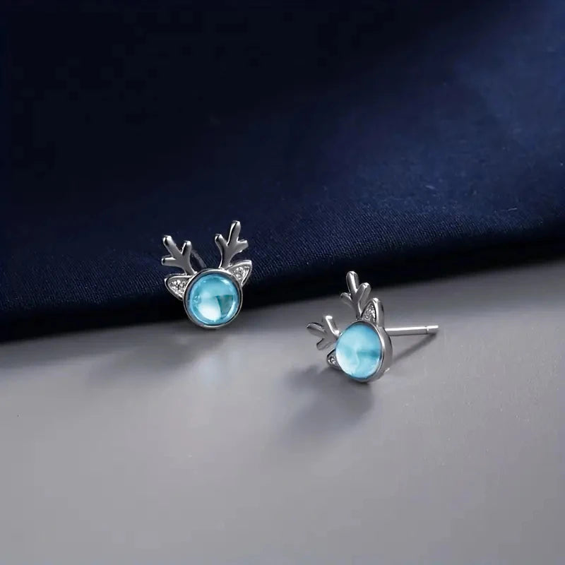 Dainty Christmas Stud Earrings Cute Girls Delicate Elk Accessories with Cubic Zirconia Blue Imitation Moonstone Jewelry