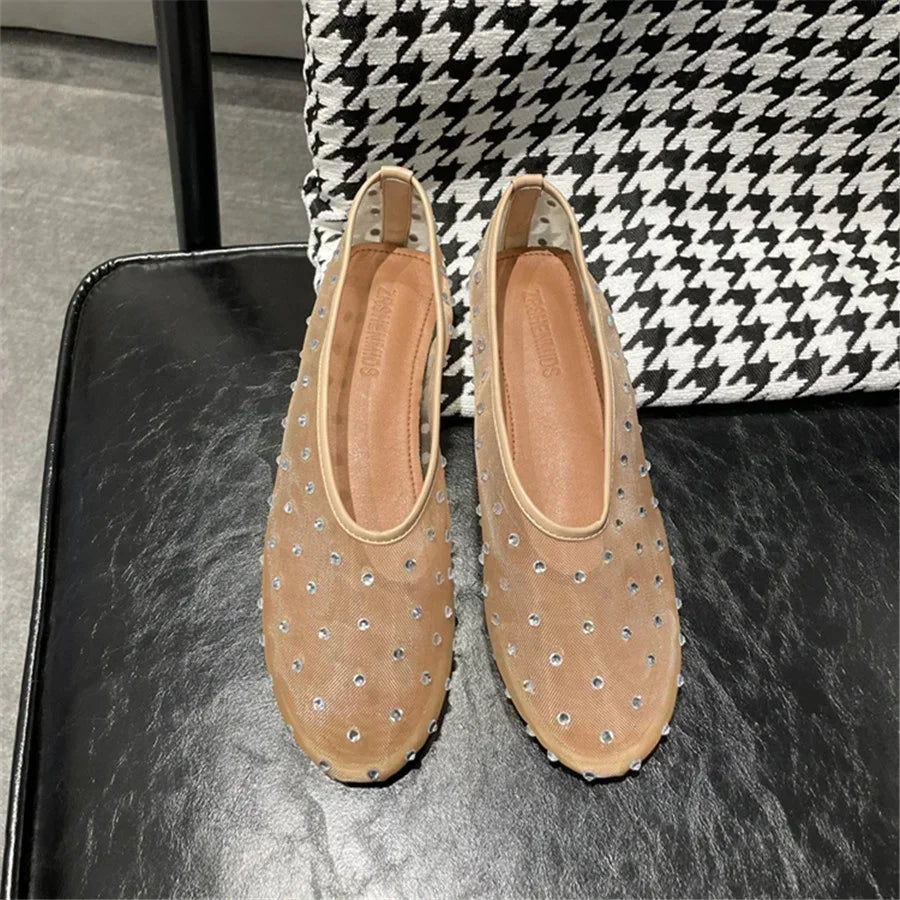 Rhinestone Rivet Luxury Design Mesh Flats Sandals Women Light Breathable Elegant Comfy Mules Shoes Fashion Loafers Ballet Shoes