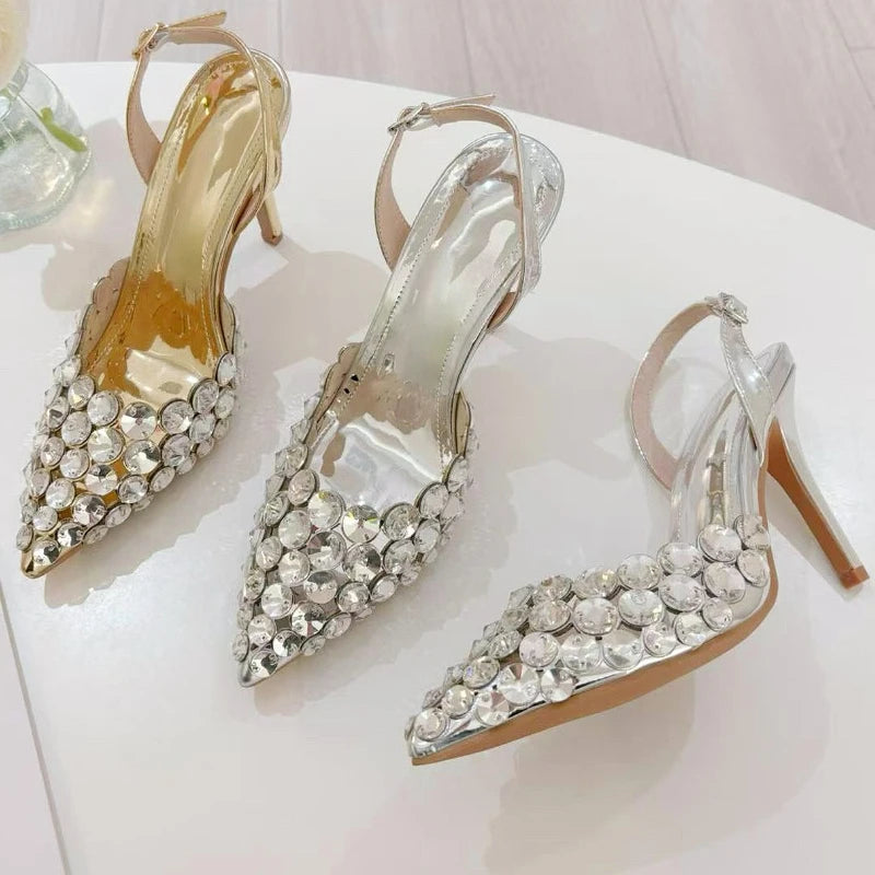 Shiny Rhinestone High Heeled Sandals for Women Pointed Toe Luxury Party Dress Shoes Sexy Diamond Brand High Heels Ladies Pumps