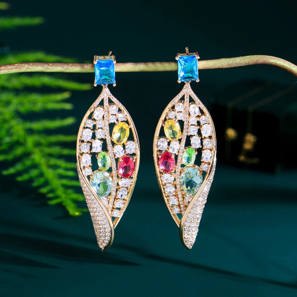 Geometric Leaf Design Pretty Cubic Zirconia Setting Long Dangly Wedding Engagement Festive Earrings for Women - EUFASHIONBAGS