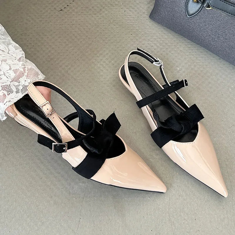 Butterfly-knot Pointed Toe Mary Jane Shoes Women Patent Leather Fashion Low Heeled Dress Shoes Female Pumps Sandalias De Mujer