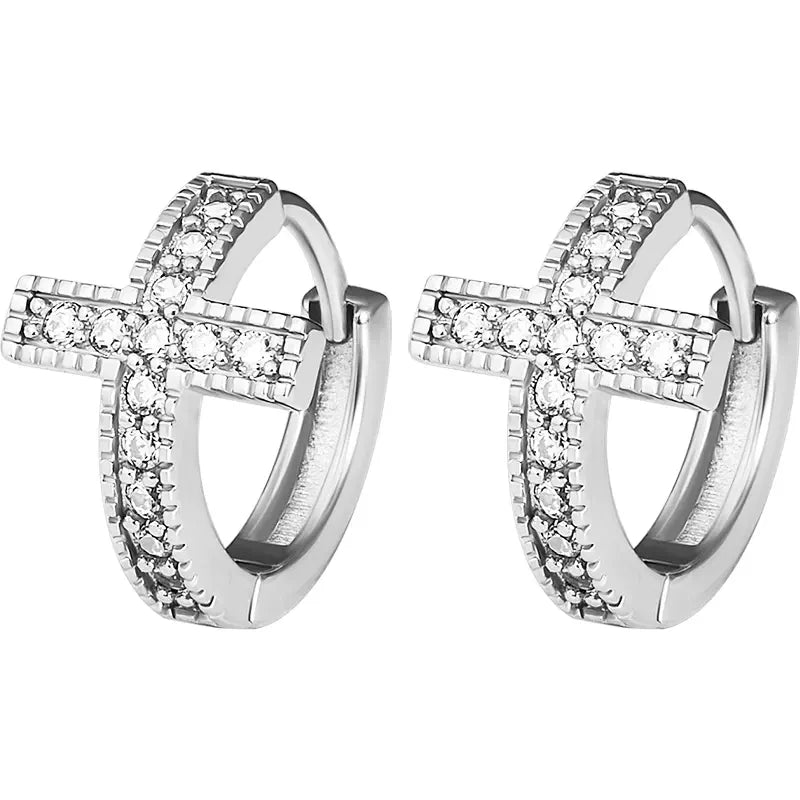 Fashion Dainty Cross Circle Earrings Women/Men Daily Jewelry Unisex Trendy Silver Color Brilliant Zirconia Accessories