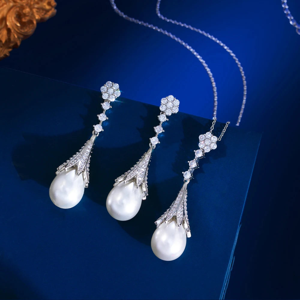 Chic White Cubic Zircon Long Dangle Drop Leaf Pearl Pendant Necklcae and Earrings Women Daily Party Jewelry Set - EUFASHIONBAGS