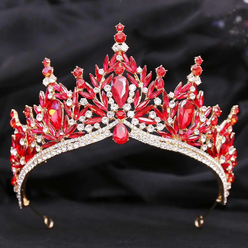 Baroque Gold Color Red Crystal Bridal Tiaras Crowns Rhinestone Pageant Diadem Women Headpieces Wedding Hair Accessories Jewelry - EUFASHIONBAGS