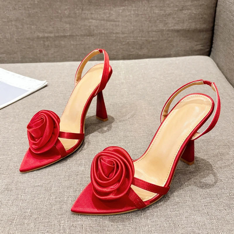 Summer Fashion Silk Rose Flowers Pointed Open Toe Back Strap Sandals Women Red High Heels Wedding Prom Shoes Zapatos Mujer - EUFASHIONBAGS