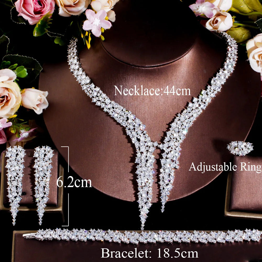 4Pcs Brilliant Dubai CZ Heave Stone Work Big Luxury Dinner Party Wedding Bridal Costume Jewelry Sets for Women