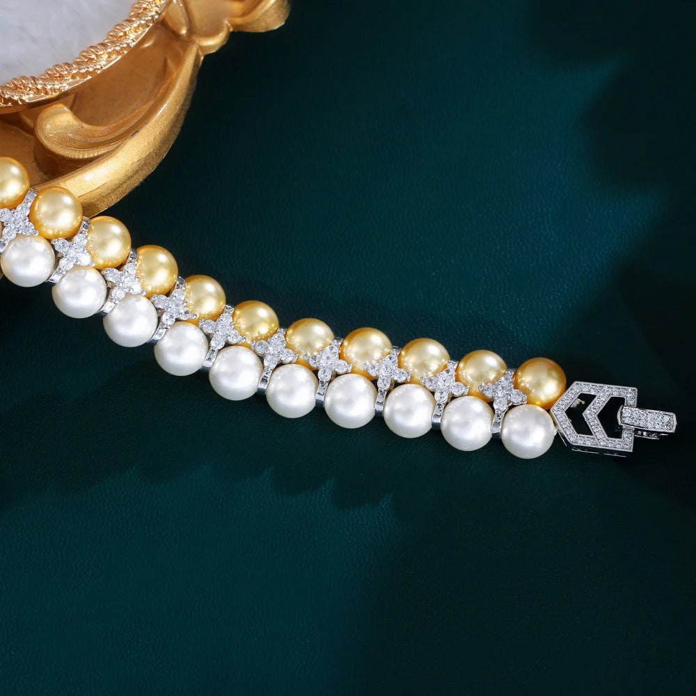 Luxury Double Layered Pearl with Cubic Zirconia Wide Big Wedding Engagement Party Bracelets for Women Jewelry - EUFASHIONBAGS