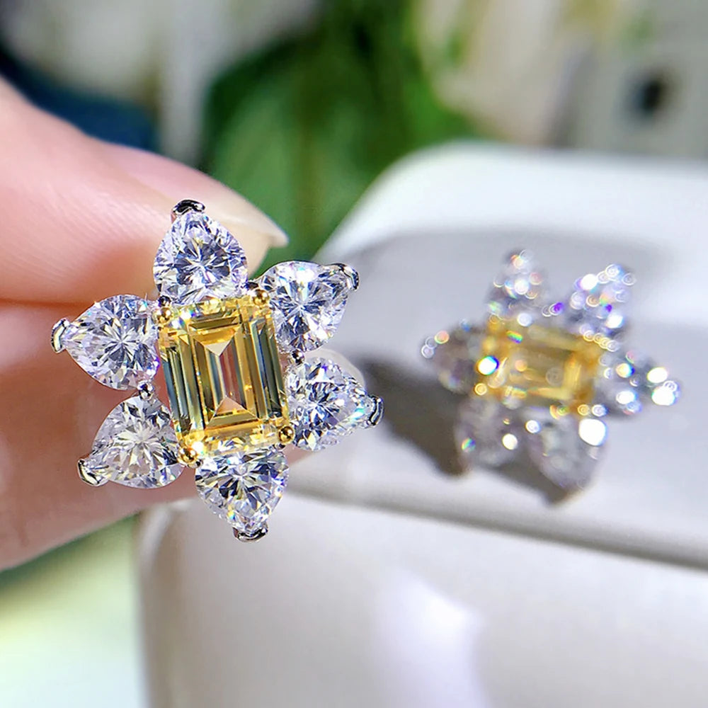 Bright Yellow Flower Shaped CZ Stud Earrings Woman for Engagement Wedding Accessories Fancy Anniversary Gift New Jewelry - EUFASHIONBAGS