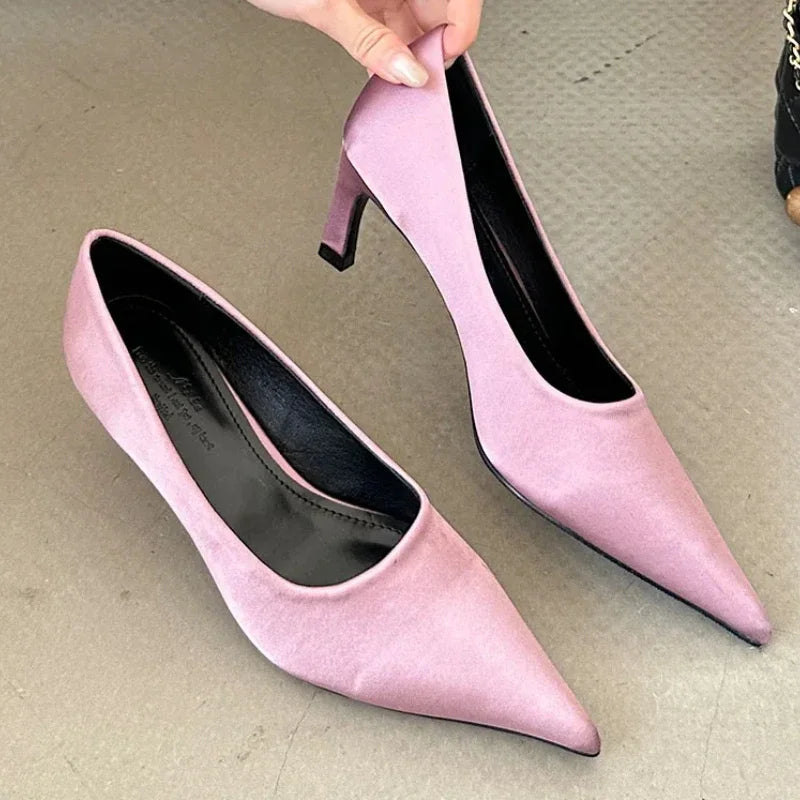 Silk Luxury High Heel Dress Shoes Women Shallow Pointed Toe Low Heel Office Shoes Comfy Footwear Women Zapatos De Mujer