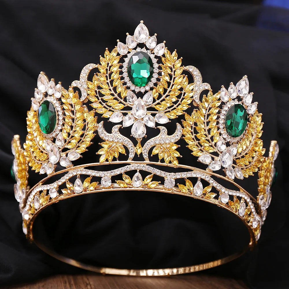 Royal King and Queen Crown Big Round Baroque Tiaras Luxury Rhinestone Headdress for Bride Wedding Hair Jewelry Princess Diadem - EUFASHIONBAGS