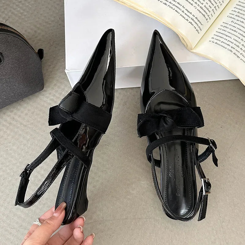 Butterfly-knot Pointed Toe Mary Jane Shoes Women Patent Leather Fashion Low Heeled Dress Shoes Female Pumps Sandalias De Mujer