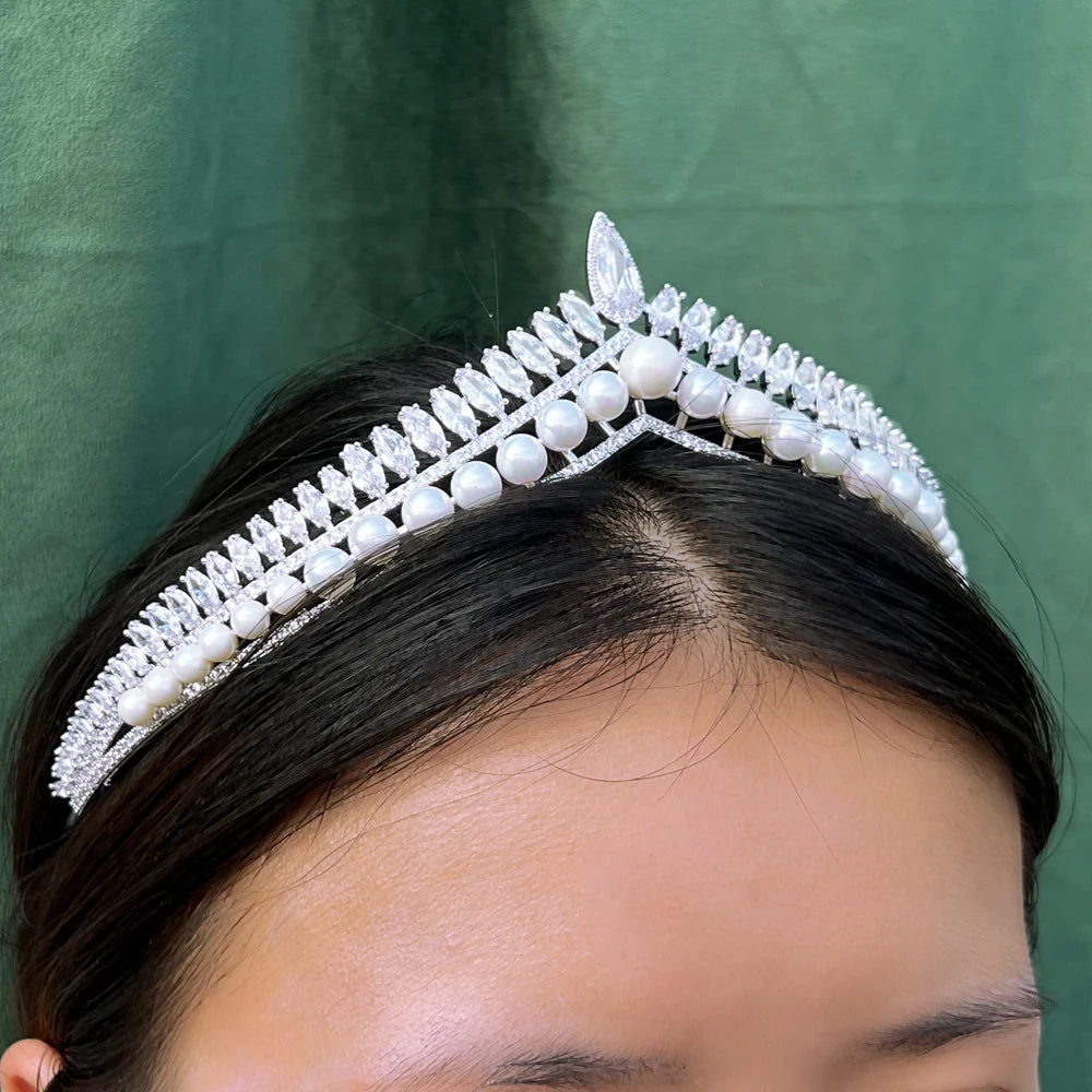 CZ Headdress Big Luxurious Bride Pearl Crown Tiara Party Wedding Costume Hair Accessories for Women - EUFASHIONBAGS