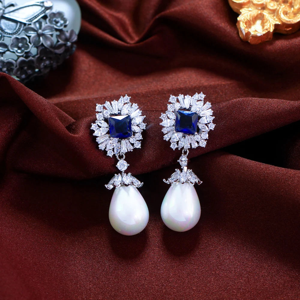 Sparkling Dark Blue Cubic Zirconia Dangling Drop Pearl Long Wedding Banquet Engagement Party Earrings for Women - EUFASHIONBAGS