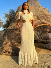 Laden Sie das Bild in den Galerie-Viewer, Sexy White Lace Women Dress Turtleneck Tassel Sleeve Slim Naked Waist Hollow Out Long Dress Summer Beach Female Knit Robe