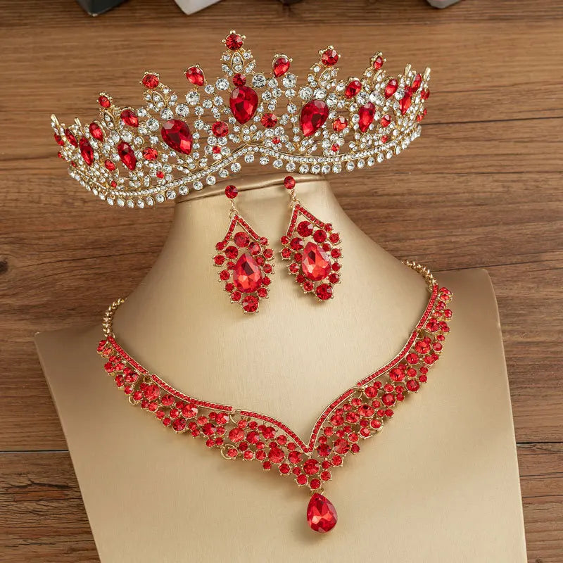 Baroque Crystal Water Drop Bridal Jewelry Sets Rhinestone Tiaras Crown Necklace Earrings for Bride Wedding Dubai Jewelry Set - EUFASHIONBAGS