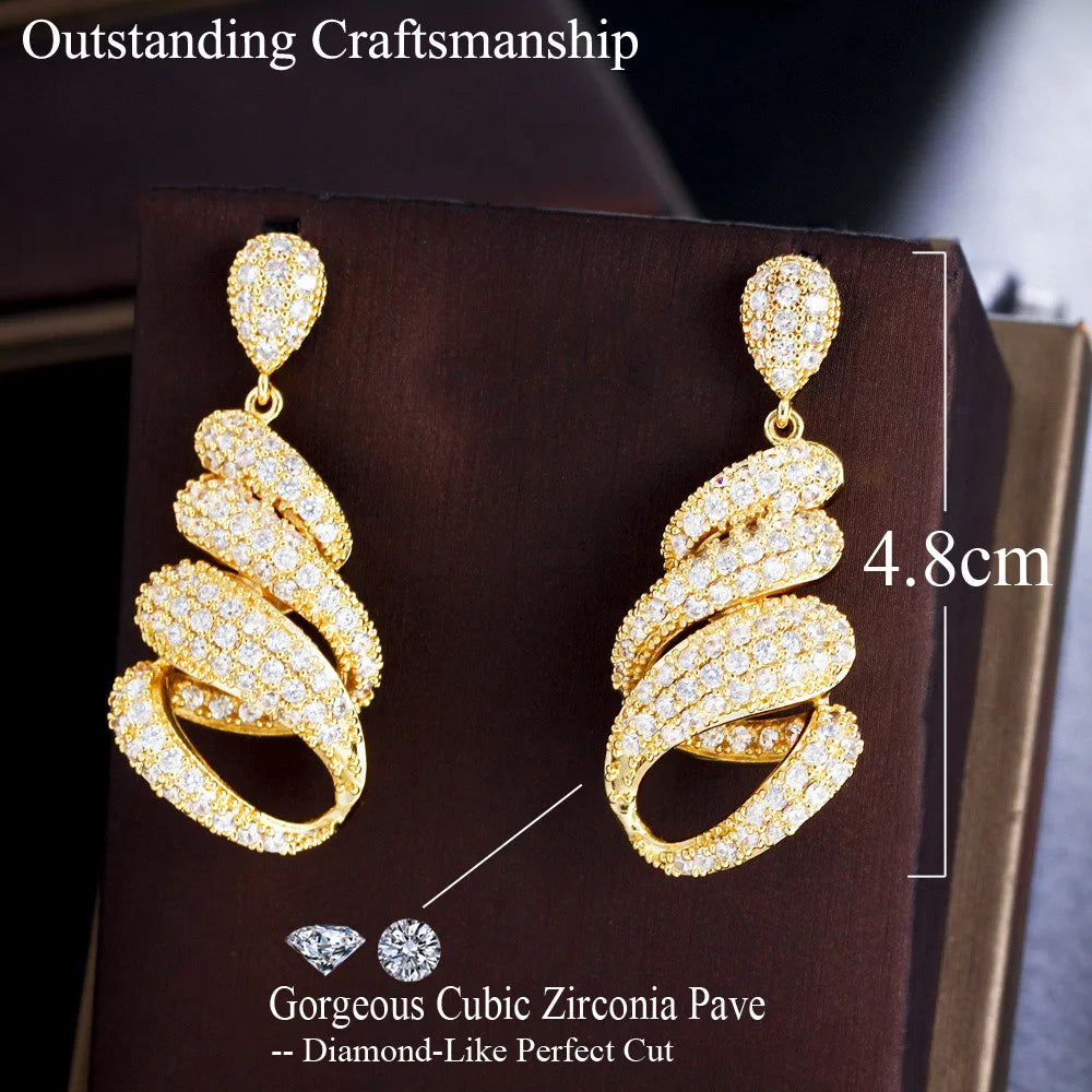 Geometric Endless Cubic Zircon Pave Long Dangly Women Party Wear Drop Earrings Chic Gold Color Wedding Jewelry