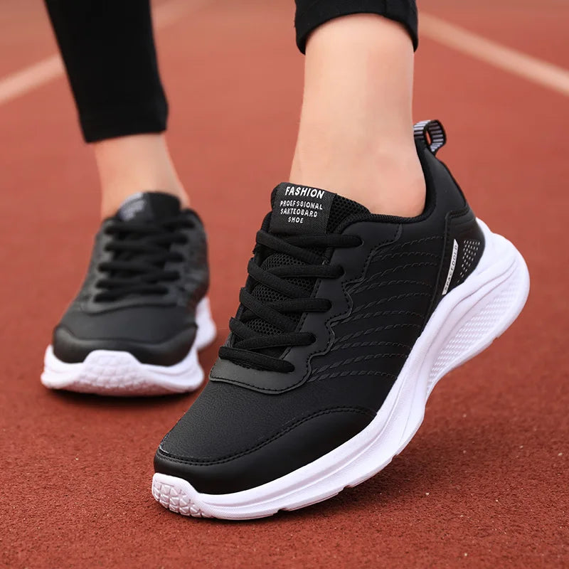 Waterproof Leather Chunky Sneakers for Women, Running Shoes, Casual Sports Shoes, Black Trainers, Autumn, Spring - EUFASHIONBAGS