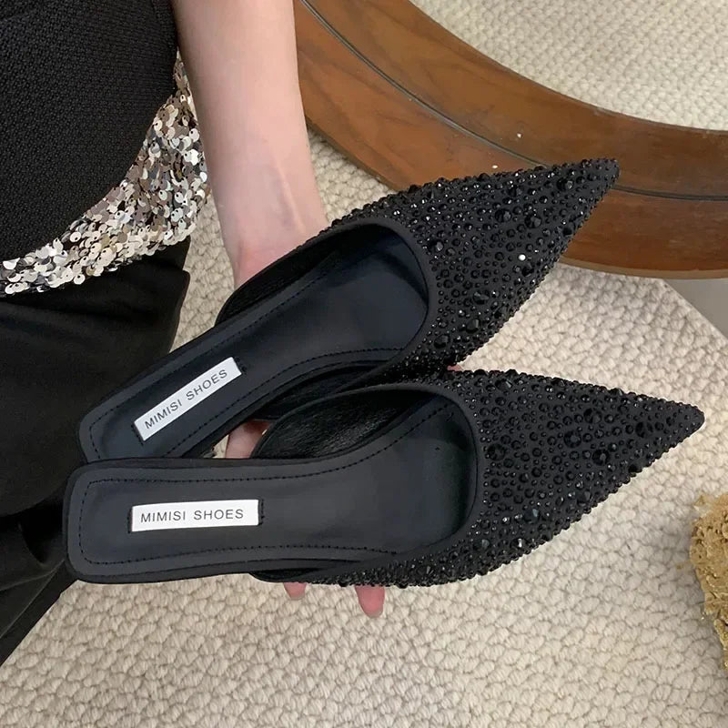 Sparkling Rhinestone Luxury Slippers for Women Sexy Pointed Toe  Low Heel Slides Fashion Footwear Diamond Dress Sandals Women