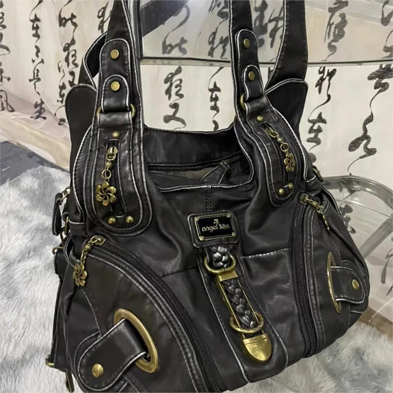 Vintage Brown Y2k Handbag Women Retro Subculture Leather Large Shoulder Bags Aesthetic Tote Bag